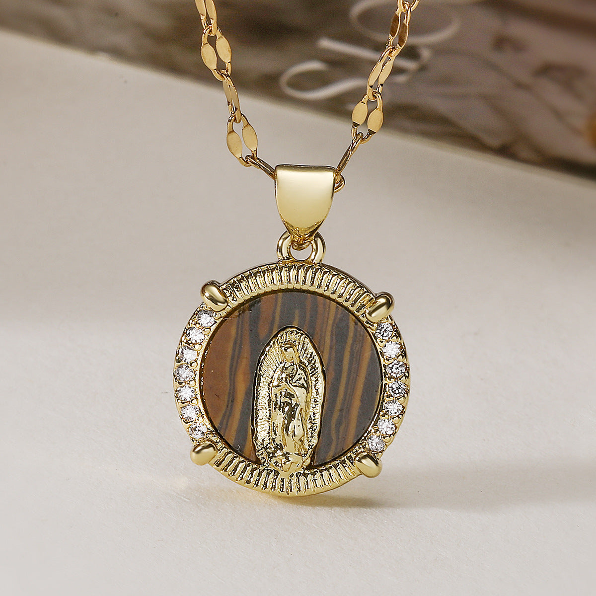 Vintage Minimalist Brass Gold Plated Geometric Virgin Mary Pendant with Cubic Zirconia