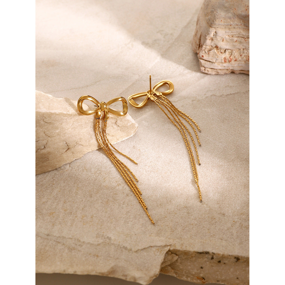 18K Gold Plated Stainless Steel Bow Earrings with Tassel