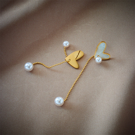Minimalist Heart-Shaped Titanium Steel Stud Earrings with Pearl Accents and Dainty Chain Tassels for Women
