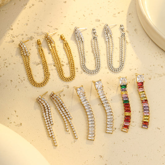 Orecchini Vintage da Donna in Acciaio Inossidabile con Gocce di Zirconia e Placcatura in Oro 18K