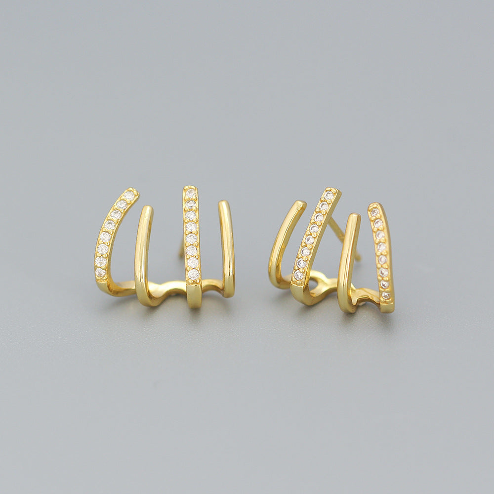 Minimalist Elegant 925 Sterling Silver Geometric Micro-Inlaid Cubic Zirconia Line Stud Earrings for Women