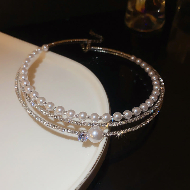 Elegante collar Gargantilla Multicapa con Perlas Geométricas Redondas para Mujer