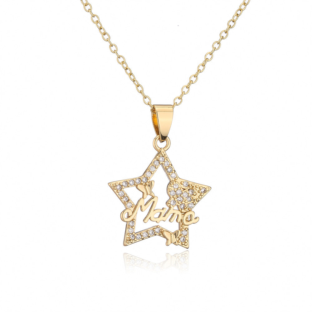 Geometric Star and Moon MAMA Pendant Necklace for Women in Copper with 18K Gold Plating and Zircon Inlay