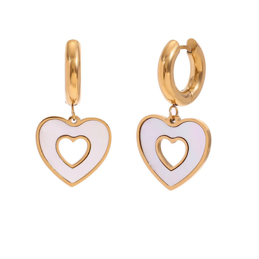 Fashionable Minimalist Heart and Floral Stainless Steel Earrings with 18K Gold Plating Hollow Seashell Pendant and Thick Hoop Design