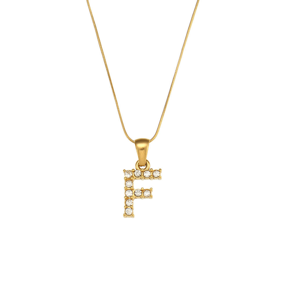 Fashion Minimalist Letter Pendant Necklace in Stainless Steel with 18K Gold Plating and Cubic Zirconia on Thin Snake Chain for Women