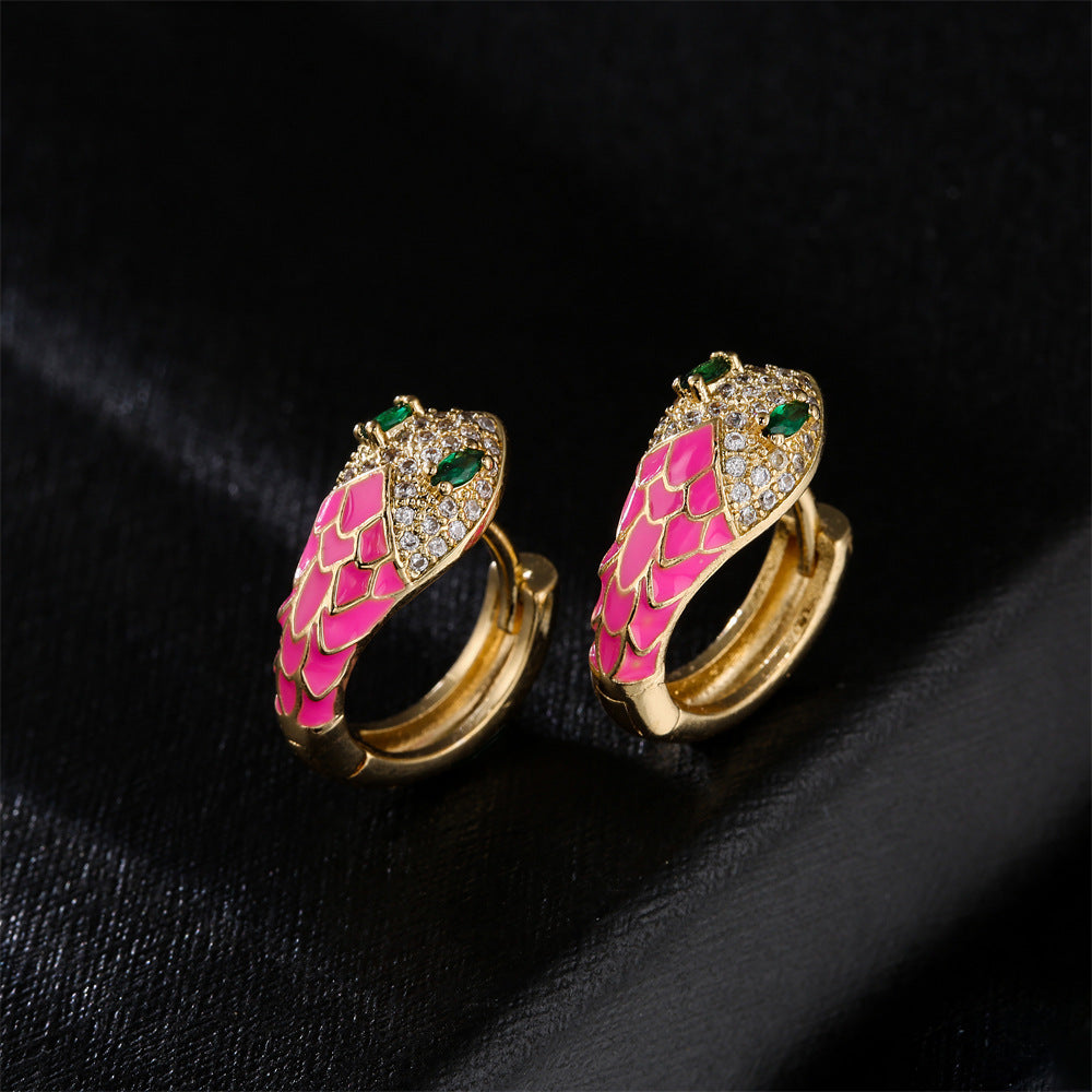 Orecchini minimalisti geometrici a forma di serpente in rame con placcatura in vero oro e zirconi micro-pavé