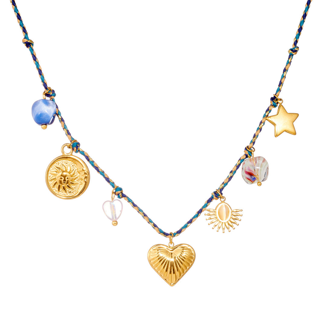 Bohemian Vintage Gold Plated Stainless Steel Rope Chain Floral Pendant Jewelry Set