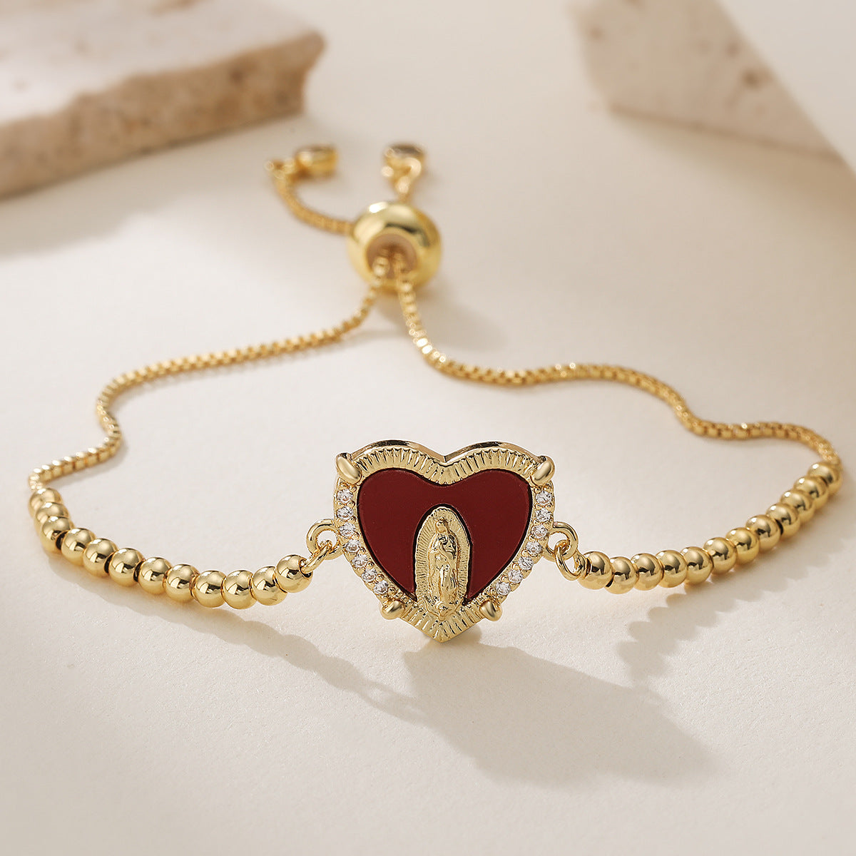 Gold Plated Brass Heart Bracelet with Cubic Zirconia and Virgin Mary Charm for Women