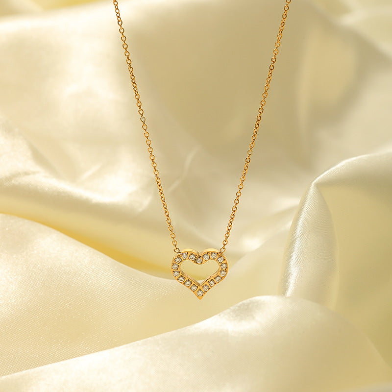 18K Gold Plated Stainless Steel Hollow Heart Pendant Necklace with Cubic Zirconia for Women