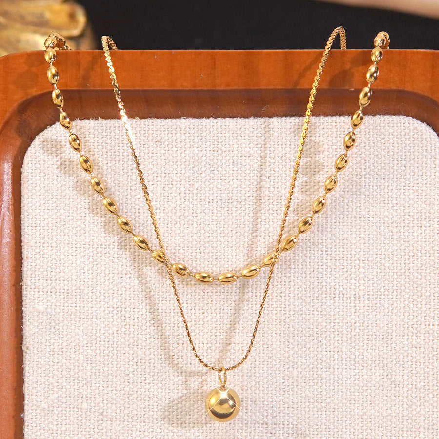 Minimalist Geometric 18K Gold Plated Stainless Steel Double Layer Ball Chain Necklace and Earring Set for Women