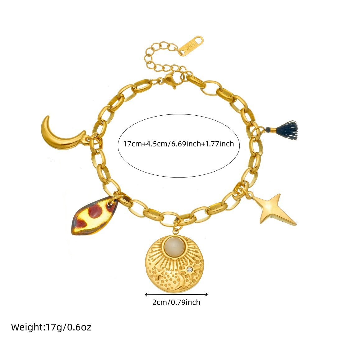 Vintage Gold Plated Star Moon Round Stainless Steel Bracelet