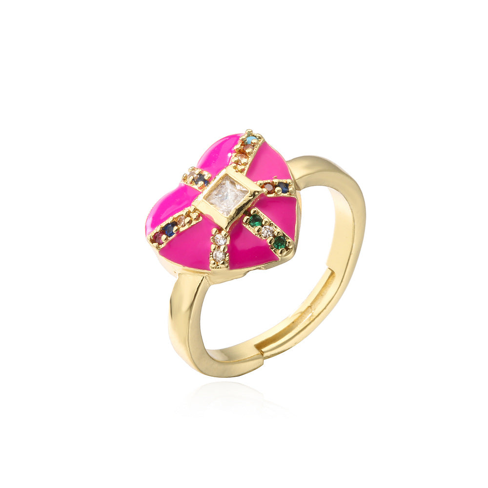 18K Gold Plated Brass Micro-inlay Cubic Zirconia Drip Oil Heart Ring for Women