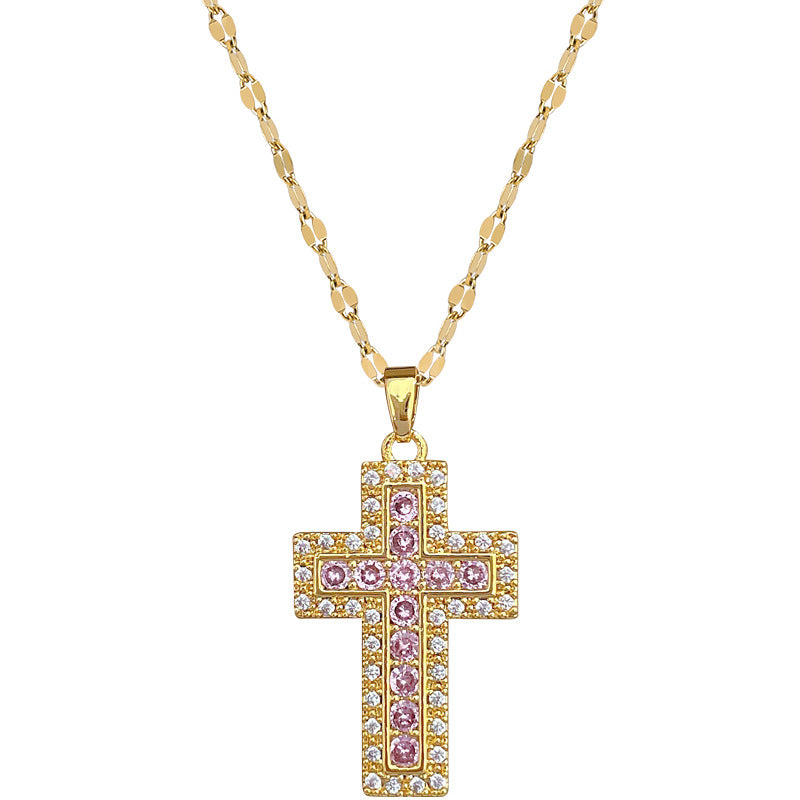 Collana con ciondolo a croce di lusso in acciaio al titanio con strass, catena alla clavicola geometrica unisex