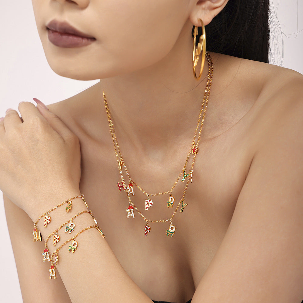 Juego de Collar Navideño de Lujo con Diseño de Rueda de la Fortuna, Esmalte e Incrustaciones de Zirconia, Colgante y Pulsera de Acero Inoxidable para Mujer
