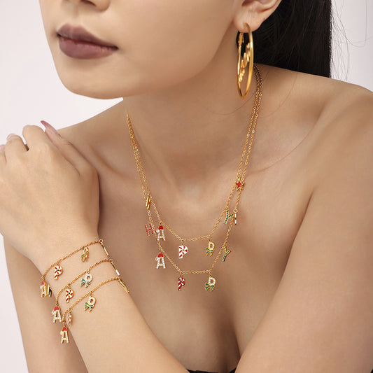 Juego de Collar Navideño de Lujo con Diseño de Rueda de la Fortuna, Esmalte e Incrustaciones de Zirconia, Colgante y Pulsera de Acero Inoxidable para Mujer