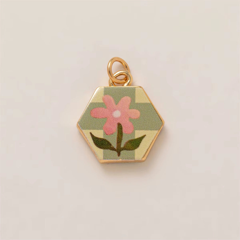 Minimalist Sweet Round Heart Floral Brass Drip Oil Plated Charm Bar Pendant
