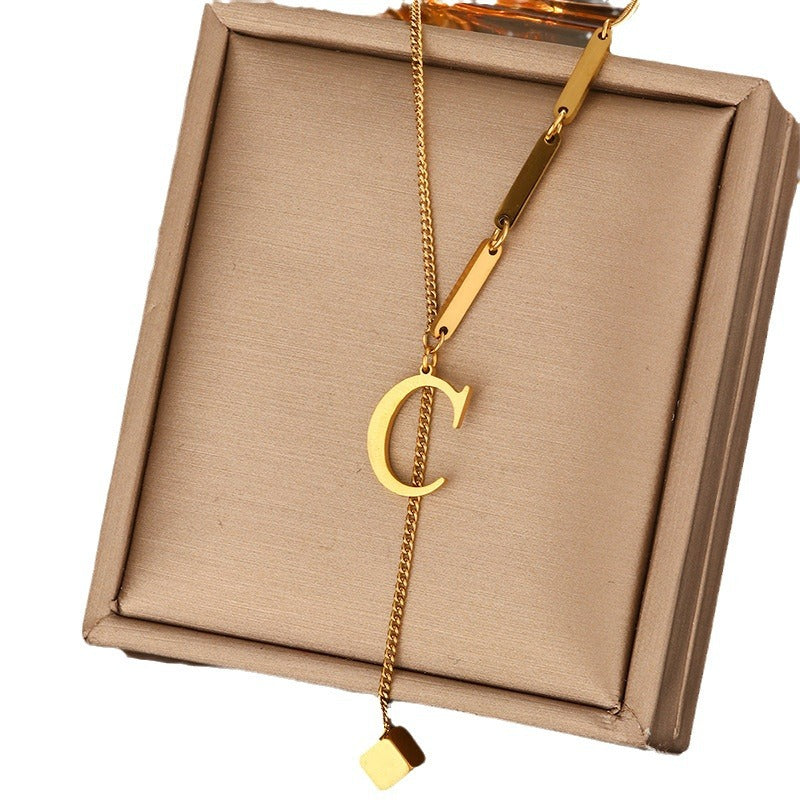Minimalist Titanium Steel Letter Pendant Necklace with Tassel for Women