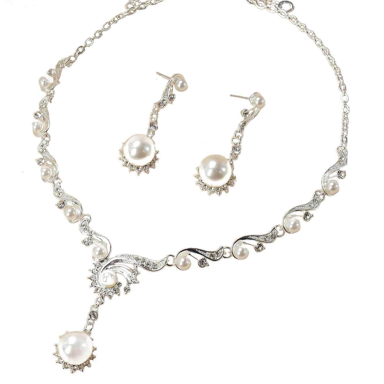 Set collana e orecchini da donna con catena Singapore, elegante, floreale, in lega, strass e perle