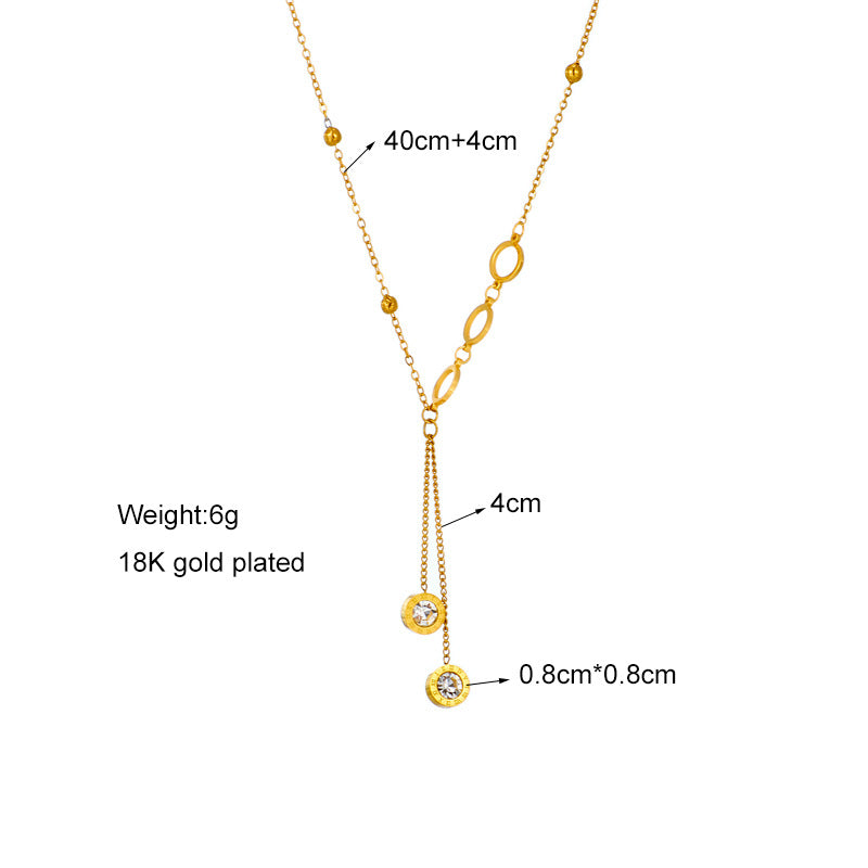 Minimalist Luxe Geometric Tassel Pendant Necklace in Titanium Steel with Rhinestone Inlay and Plated Finish