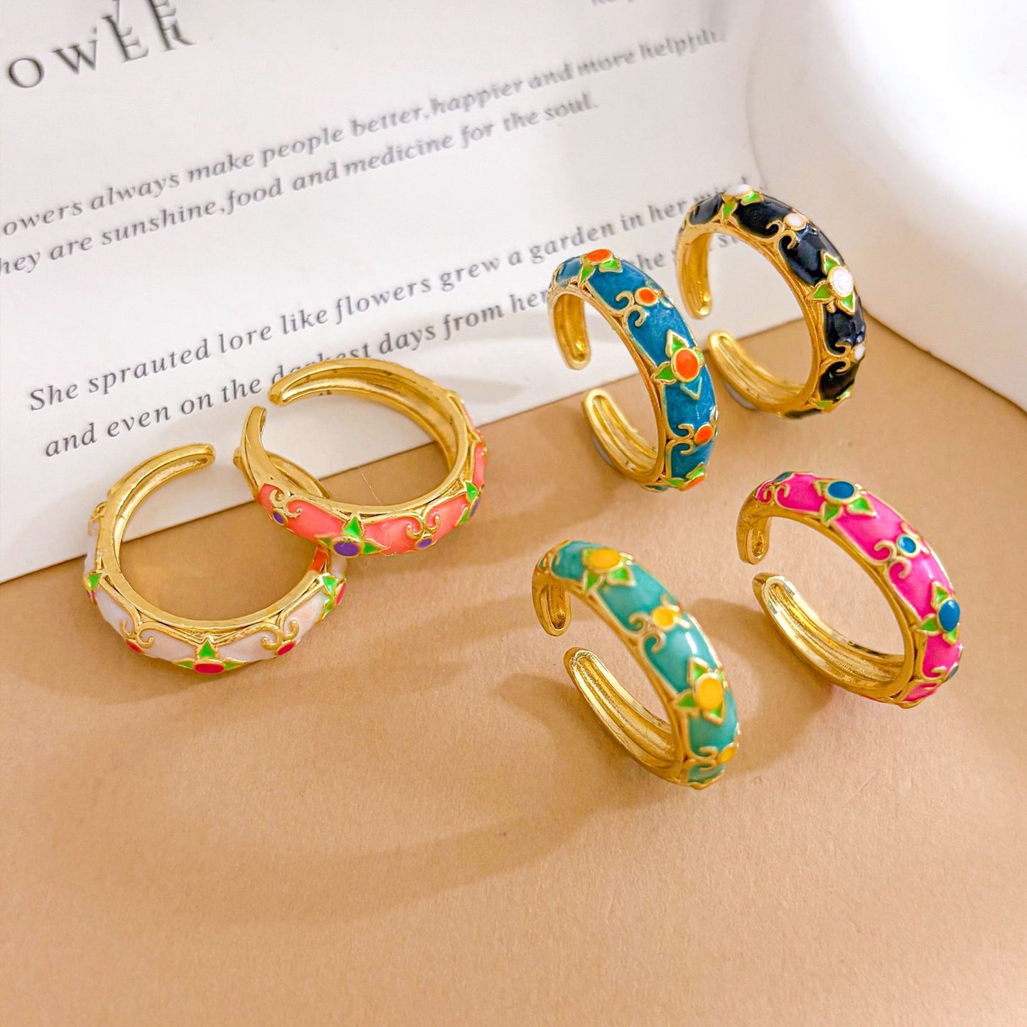 Sweet Vintage Enamel Floral Heart Gold Plated Brass Ring for Women