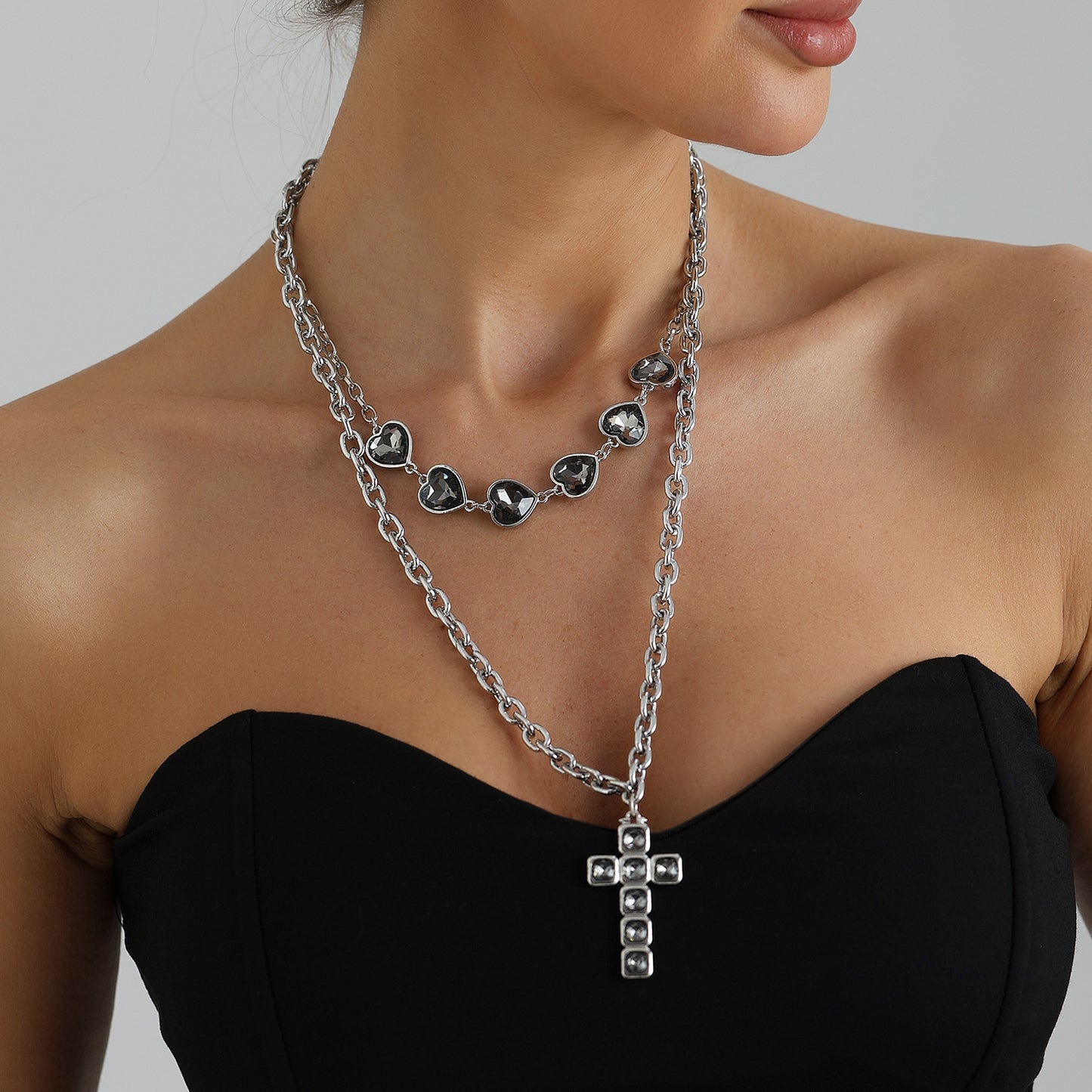 Fashion Black Diamond Cross and Heart Geometric Layered Pendant Necklace for Women