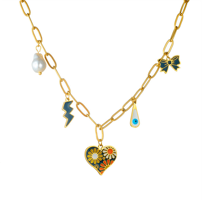 Fashion Drip Oil Plated Heart Butterfly Floral Stainless Steel Necklace with Cable Chain for Women