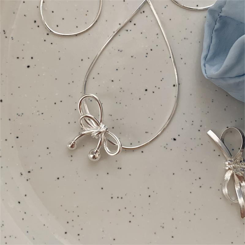 Sweet Minimalist Bow Knot Necklace in 925 Sterling Silver with Geometric Accent
