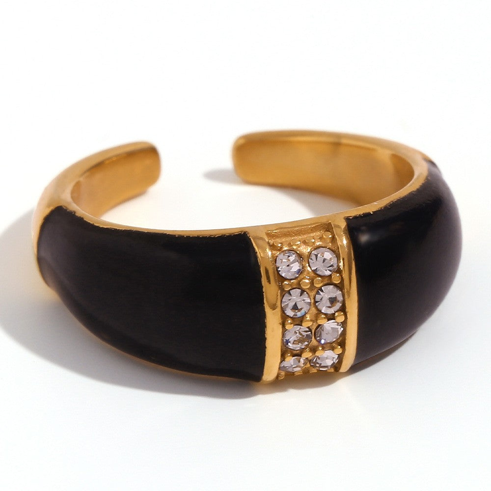 Vintage-Style Geometric Titanium Steel Ring Set for Women with 18K Gold Plating and Enamel Finish