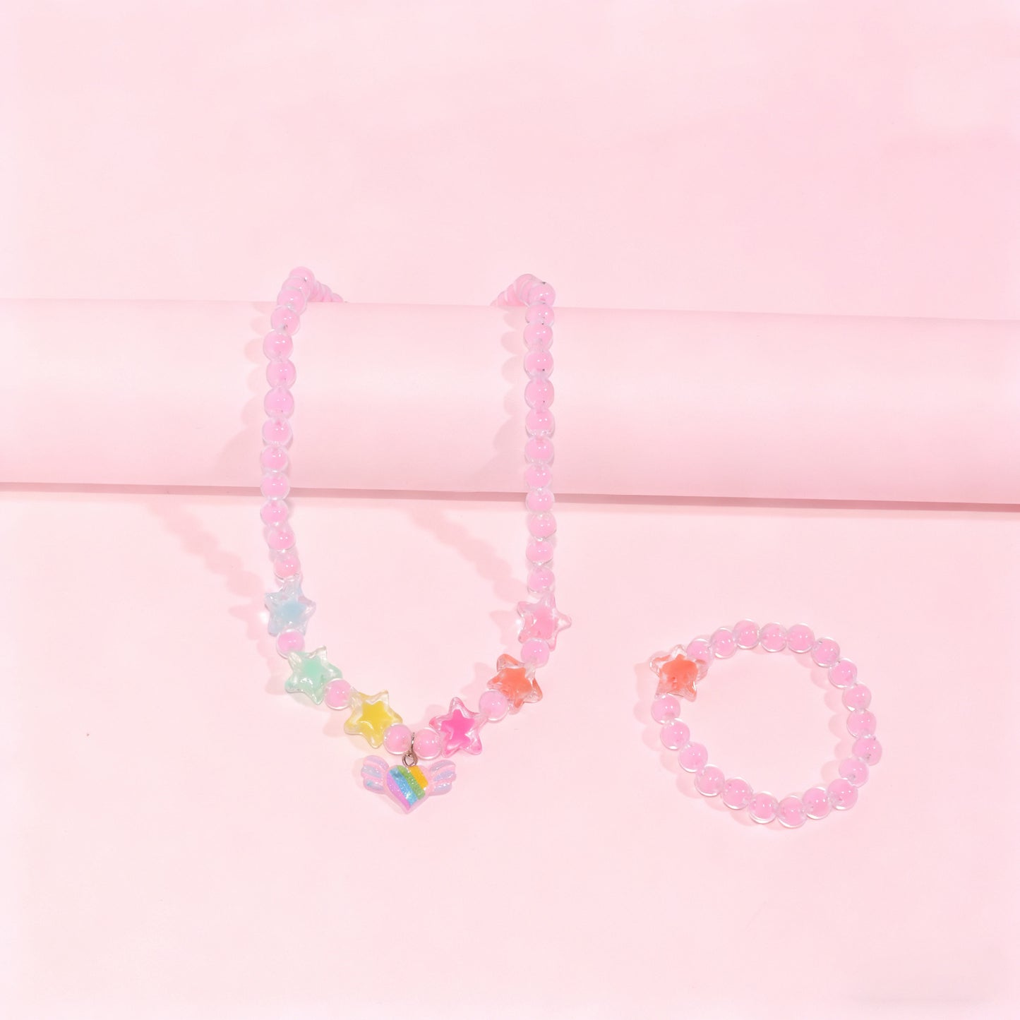 Cartoon Style Unicorn and Heart-Shaped Resin Beaded Necklace Set for Girls with Round Bead Chain