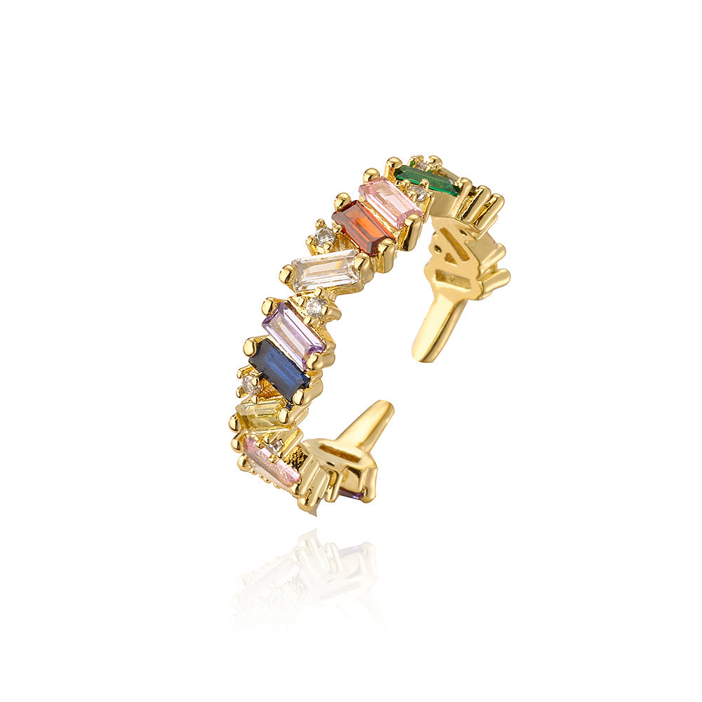 Minimalist Geometric Copper Ring with 18K Gold Plating and Colored Zircon Inlay for Women