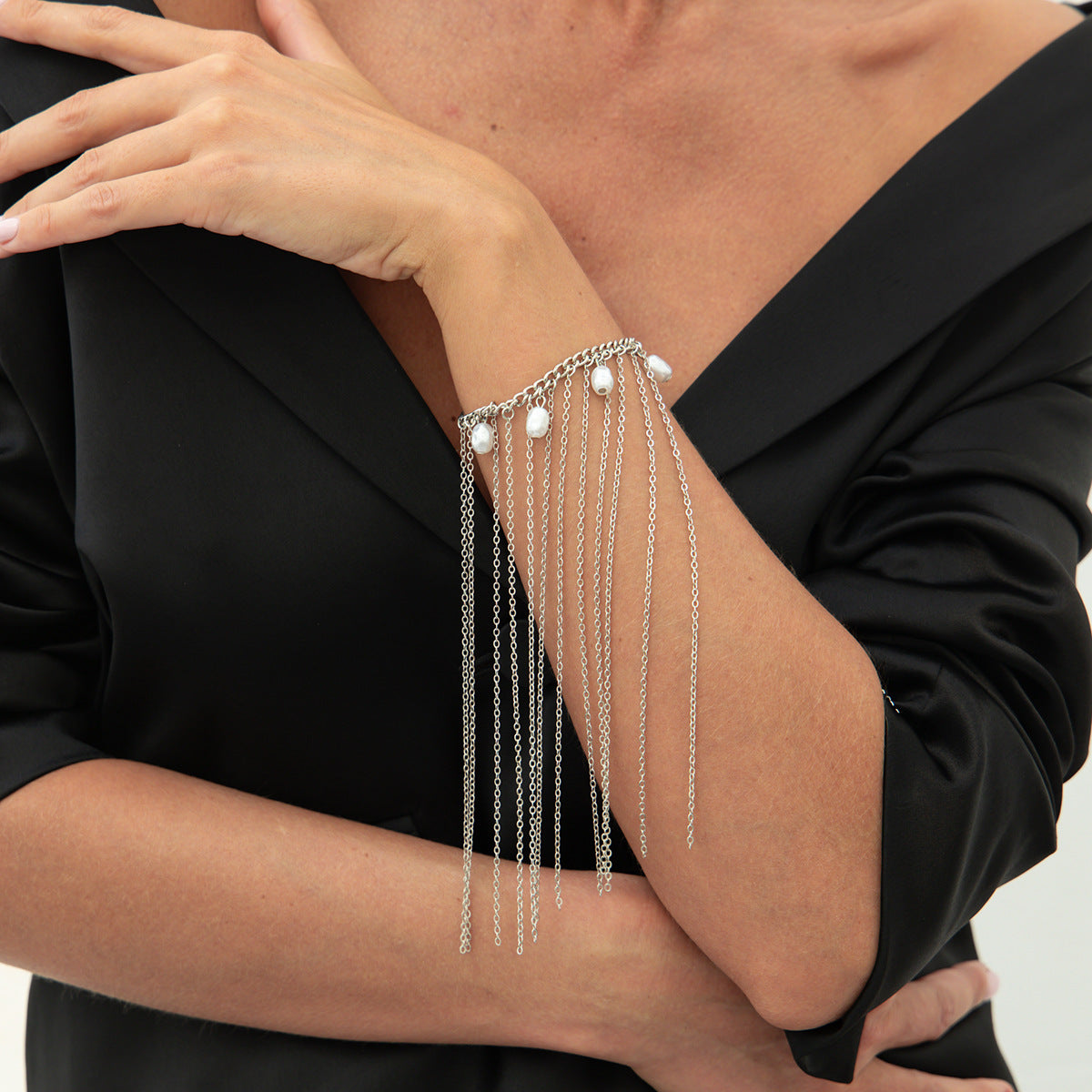 Minimalist Cross Pendant Clavicle Necklace for Women with Imitation Pearl Accents and Crystal Tassels on Electroplated Alloy Chain