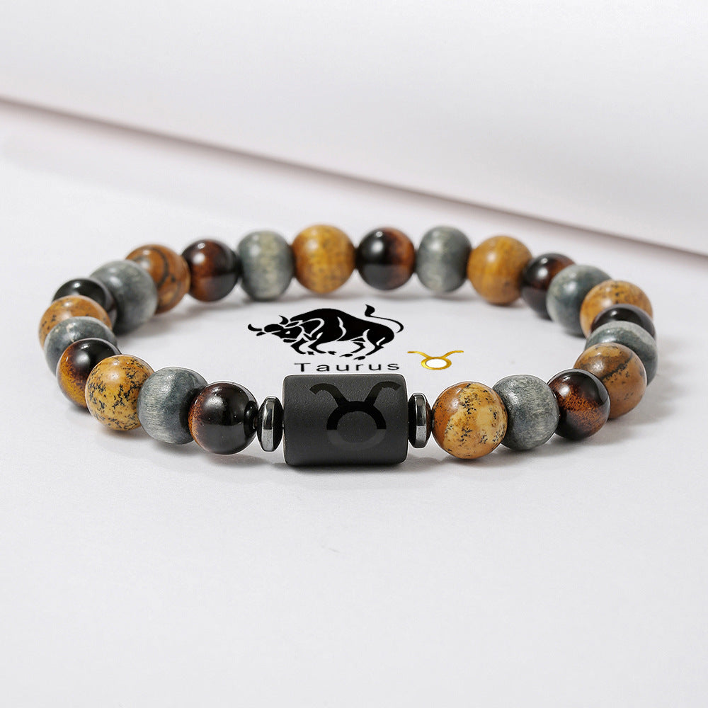 Handmade Round Tiger's Eye Beaded Bracelet Zodiac Constellation Design Unisex