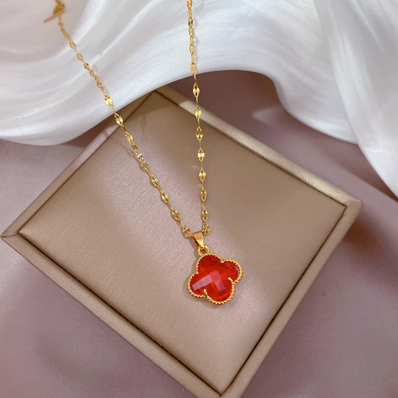 Collar de cadena de acero de titanio con incrustaciones de diamantes de imitación para mujer, estilo minimalista de lujo, con diseño geométrico floral