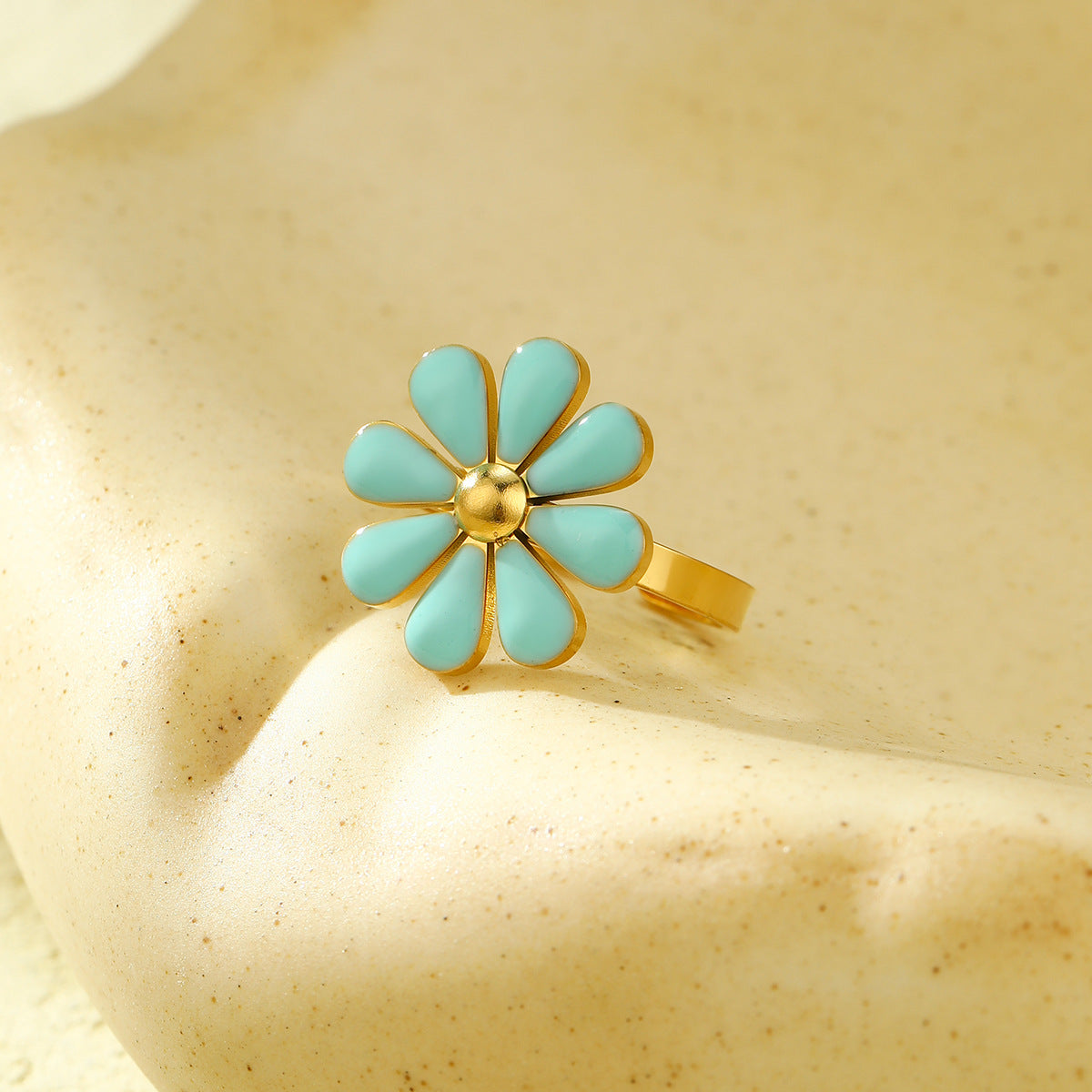 Anillo minimalista de acero de titanio con forma de margarita para mujer con acabado esmaltado, joyería de moda hipoalergénica y resistente a la decoloración