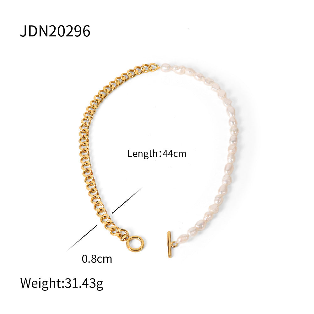 Elegant Geometric Round Stainless Steel Necklace with Cubic Zirconia and Pearl for Women