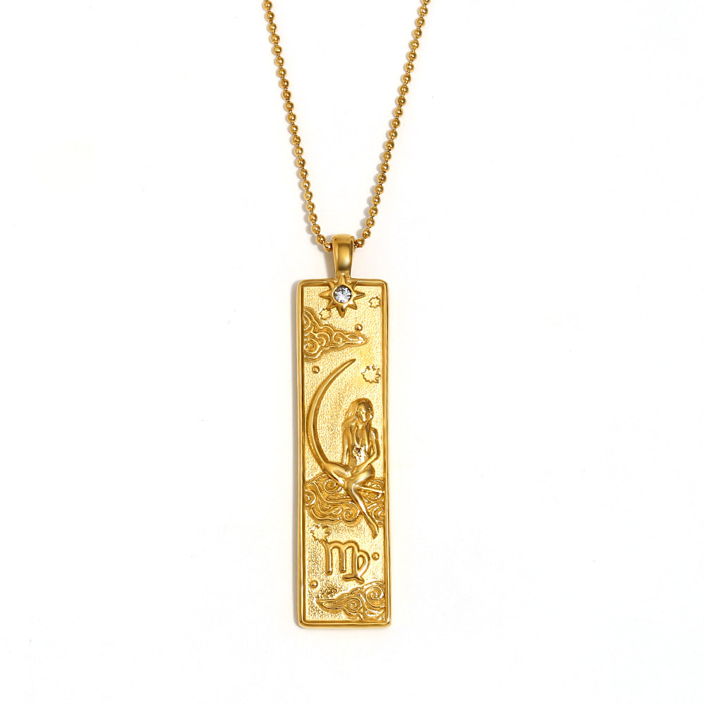 Vintage Geometric Zodiac Pendant Necklace for Women Stainless Steel with 18K Gold Plating Square Charm
