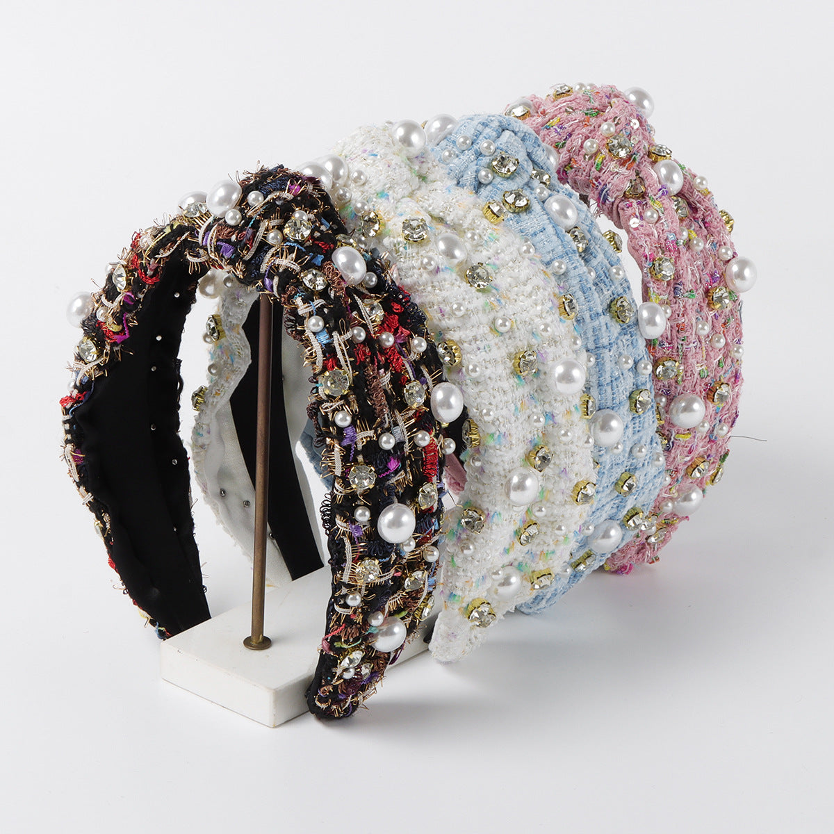 Cerchietto in Tessuto Dolce-Audace con Strass e Impreziosimenti in Perle Sintetiche, Design a Linee Geometriche, Fascia Larga con Nodo, Accessorio per Capelli da Donna