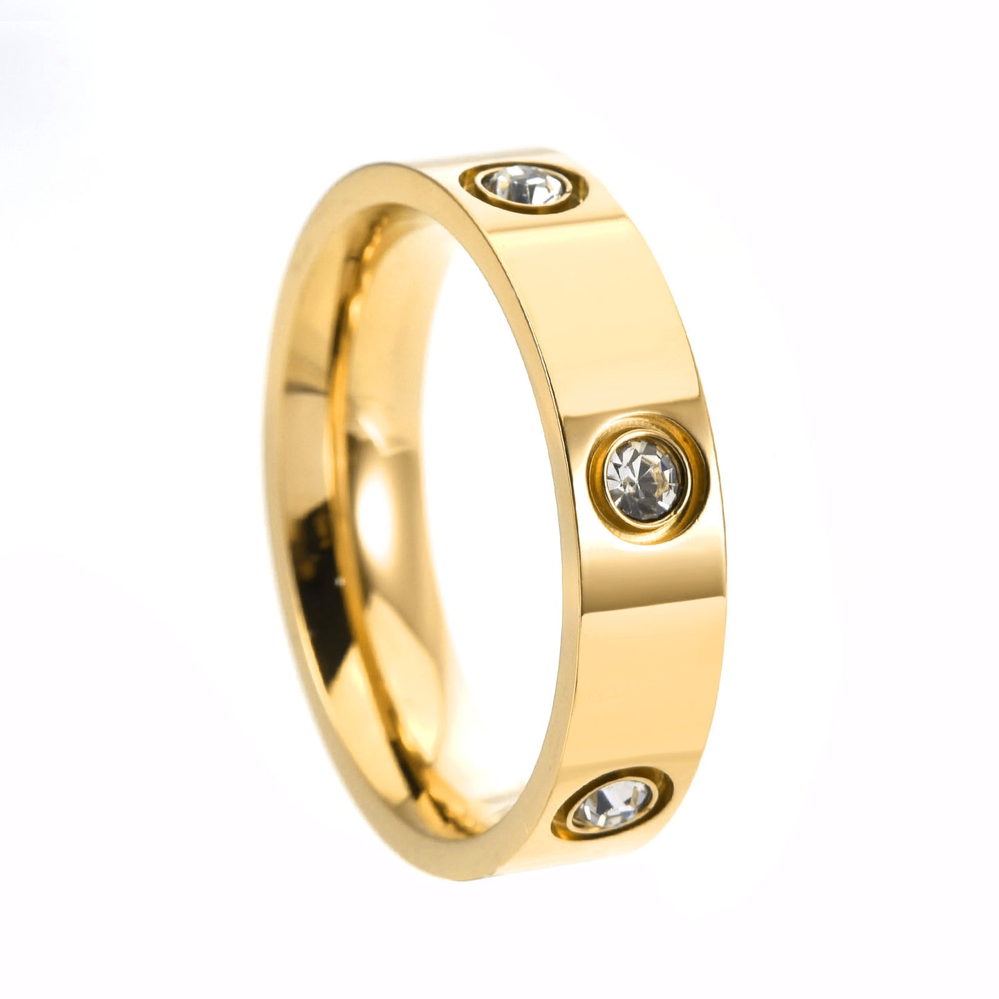 Luxury Minimalist Geometric Round Titanium Steel Plated Ring with 6 Rhinestones for Unisex