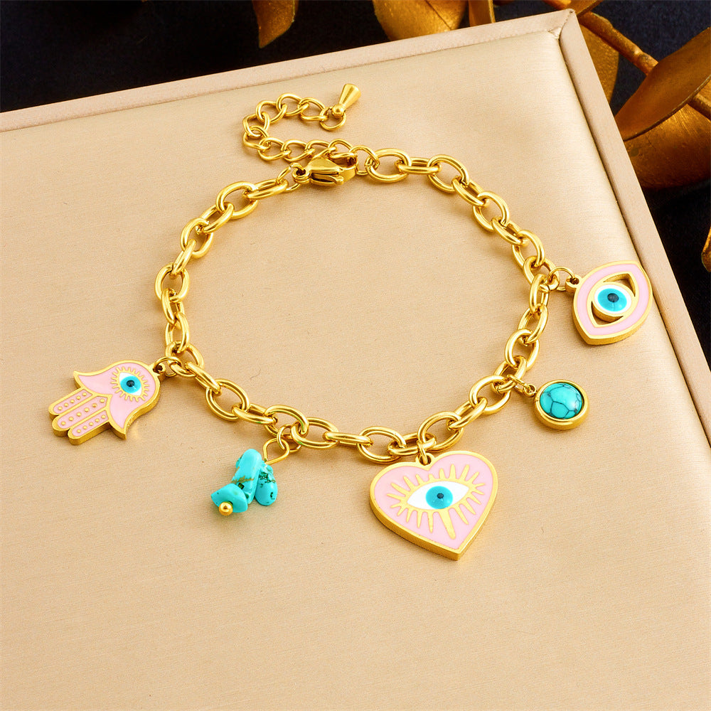 Fashion Drip Oil Pink Heart Eye Turquoise Pendant Stainless Steel Necklace Earring Bracelet Set for Women
