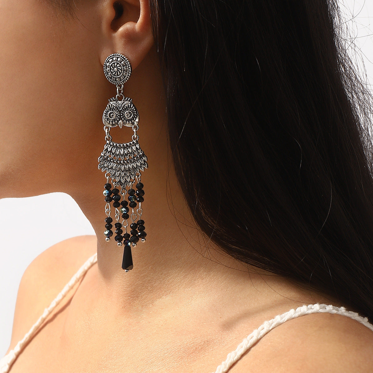 Aretes Bohemio Búho con Borlas en Aleación y Resina, Joyería de Oreja de Moda para Mujer de Estilo Étnico Vintage Electrochapado