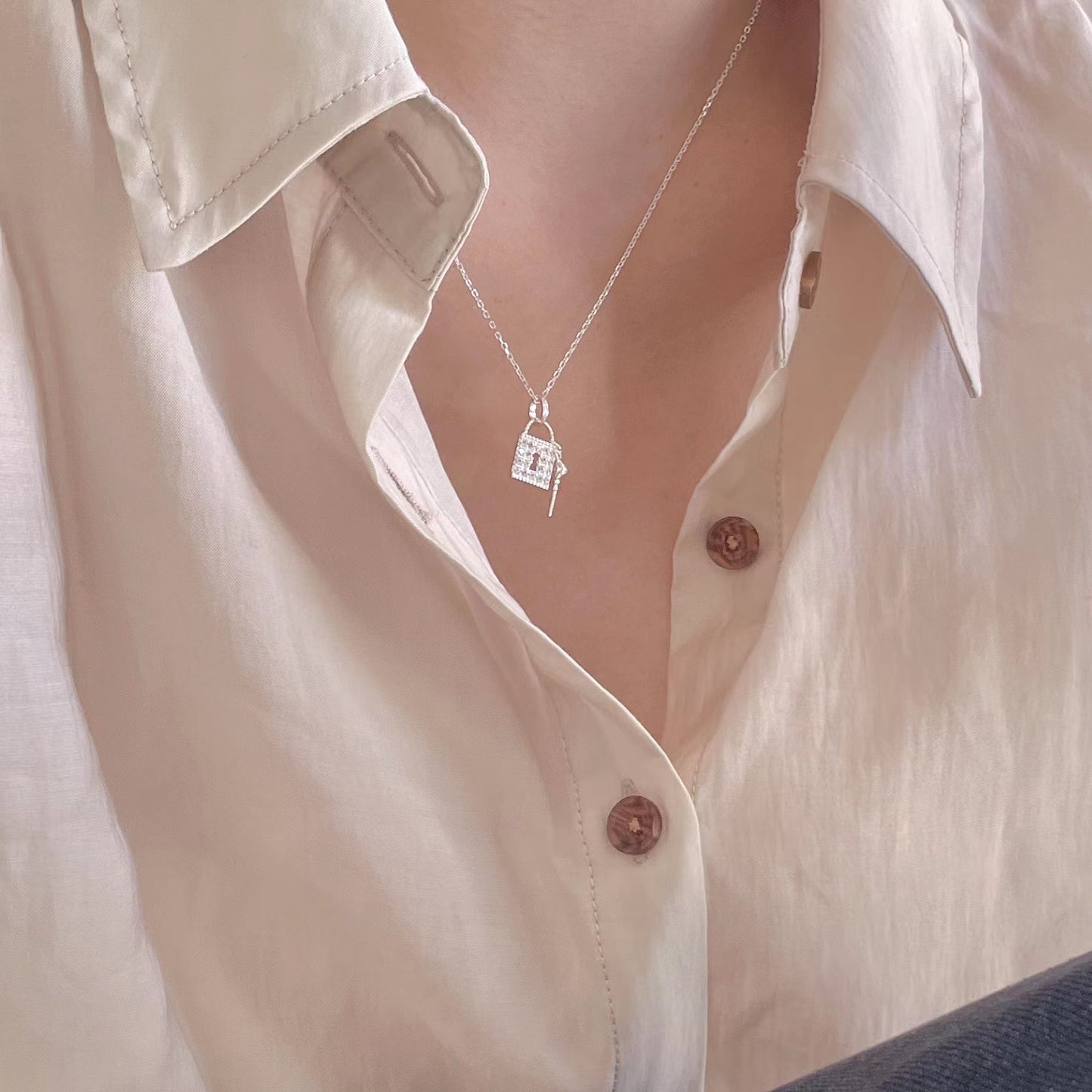Minimalist Key and Lock Pendant Necklace in 925 Sterling Silver with Polished Finish for Women