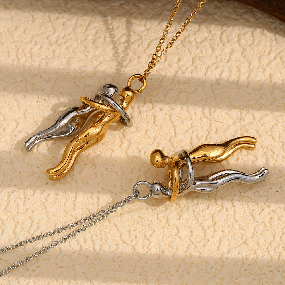 Collana Pendente Geometrica Minimalista alla Moda da Donna in Acciaio Inossidabile 316L con Placcatura in Oro 18K Design Abbraccio Amante