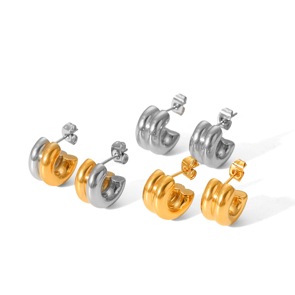 Fashion Minimalist 18K Gold Plated Double Layer Geometric Stainless Steel Hoop Earrings for Women