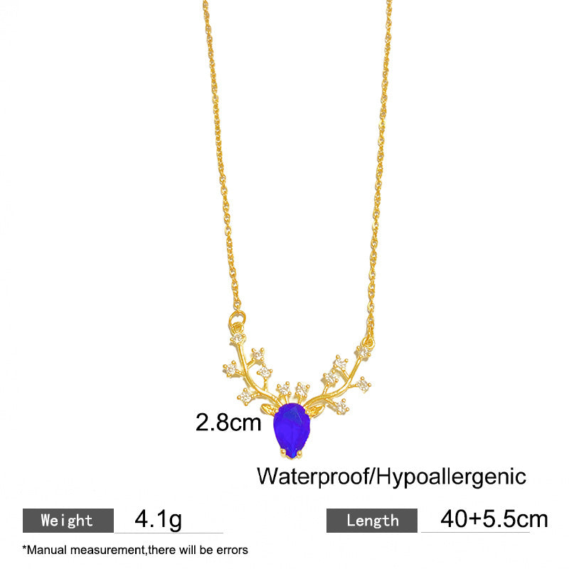 Vintage Gold Plated Brass Deer Pendant Cubic Zirconia Necklace on Titanium Steel Cable Chain