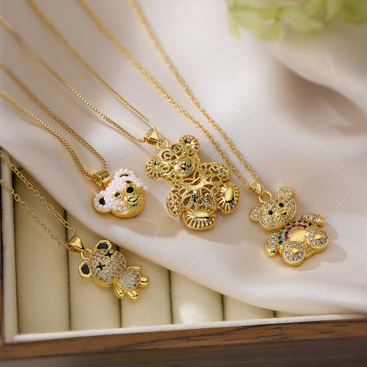 Collana da donna minimalista a forma di orsetto in rame placcato oro vero con intarsio in zircone
