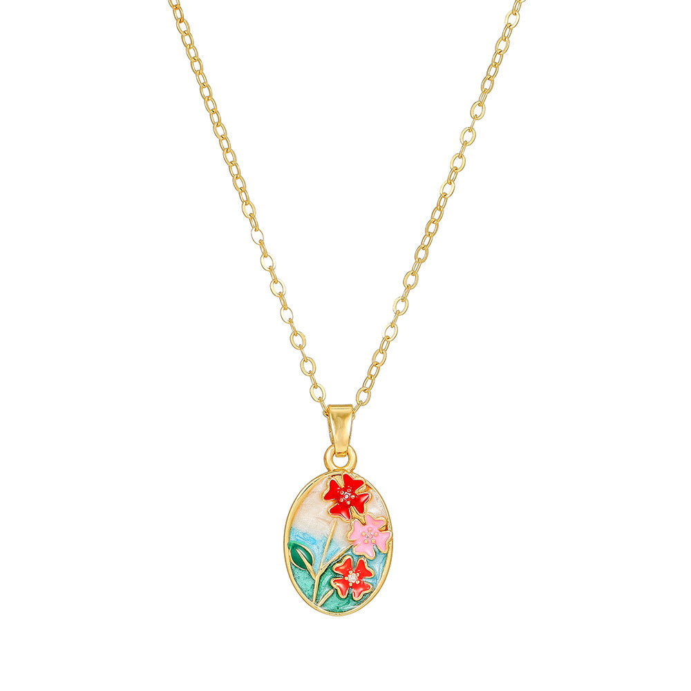 Elegant Drip Oil Floral Brass Gold Plated Necklace with Cubic Zirconia Inlay Cable Chain