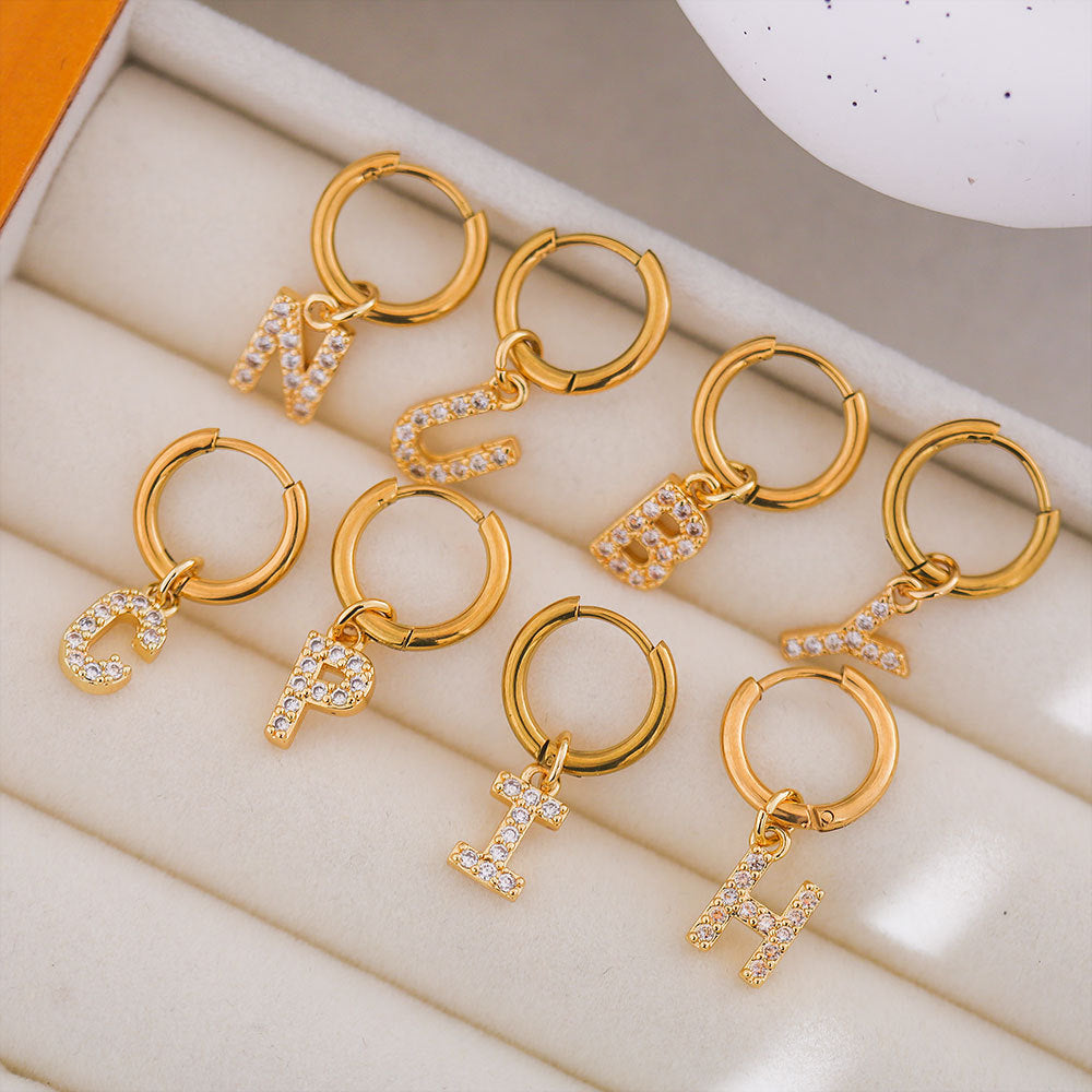 Minimalist Letter-Shaped Stainless Steel Pendant Earrings with 18K Gold Plating and Zircon Inlay