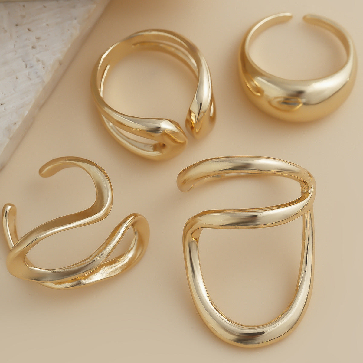 Minimalist Geometric Hollow Liquid-Design Alloy Ring Set with Polished Finish for Women