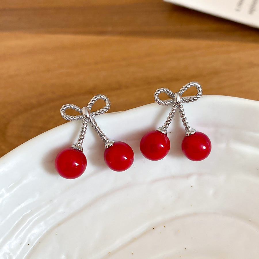 Cherry Bowknot Resin Stud Earrings with Steel Posts for Women, Minimalist Vintage Fashion Style
