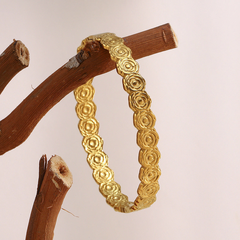 Bracciale rigido floreale da donna, placcato oro 18 carati, in acciaio inossidabile, minimalista ed elegante